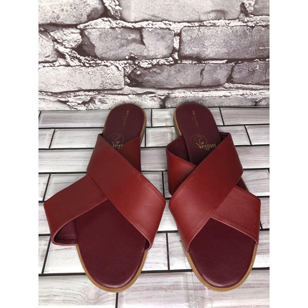 Will’s Vegan Shoes Red Burgundy Leather Slides Sandals Women’s Sz 41EU/10.5M US